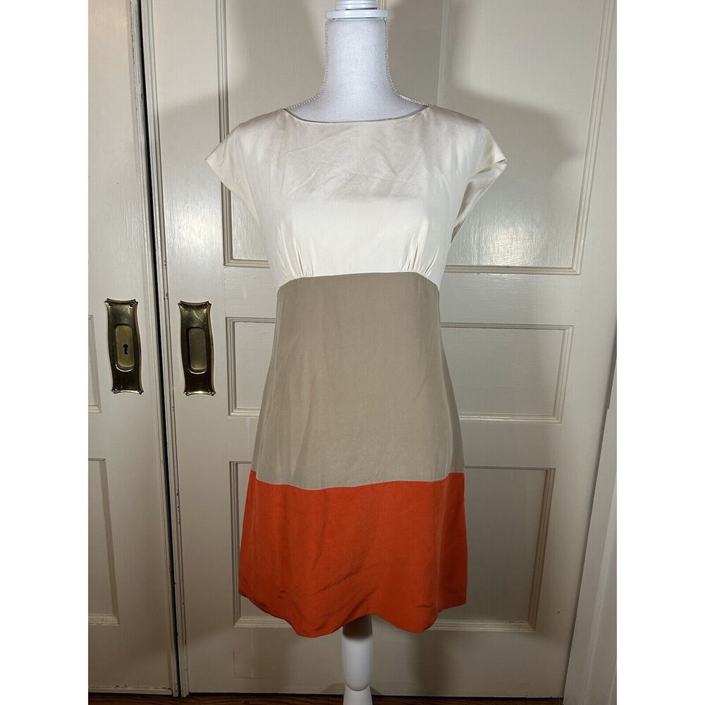 Eliza J Silk Color Block Sheath Dress Womens Size 6 Orange Ivory Classic Preppy